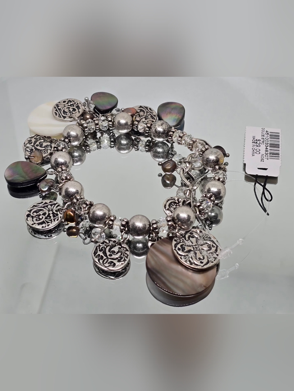 Chico's Silver-Tone Mother-of-Pearl Charm Stretch Bracelet - Picture 3 of 4